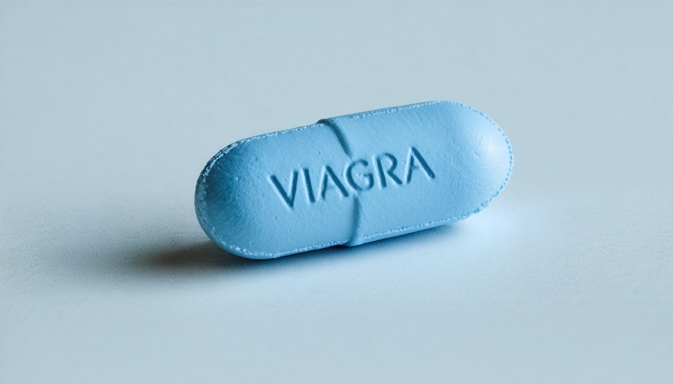 Blister pack of Viagra tablets with a glass of water on a bedside table, symbolizing erectile dysfunction treatment and medical consultation
